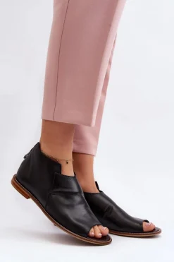 Damskie Laura Messi Damskie Skórzane Sandały 2443 Czarne