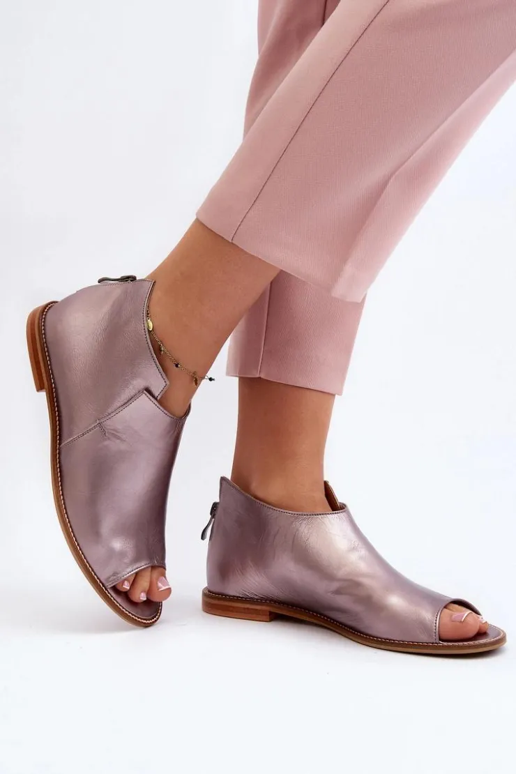 Best Laura Messi Damskie Skórzane Sandały 2443 Różowe Złoto