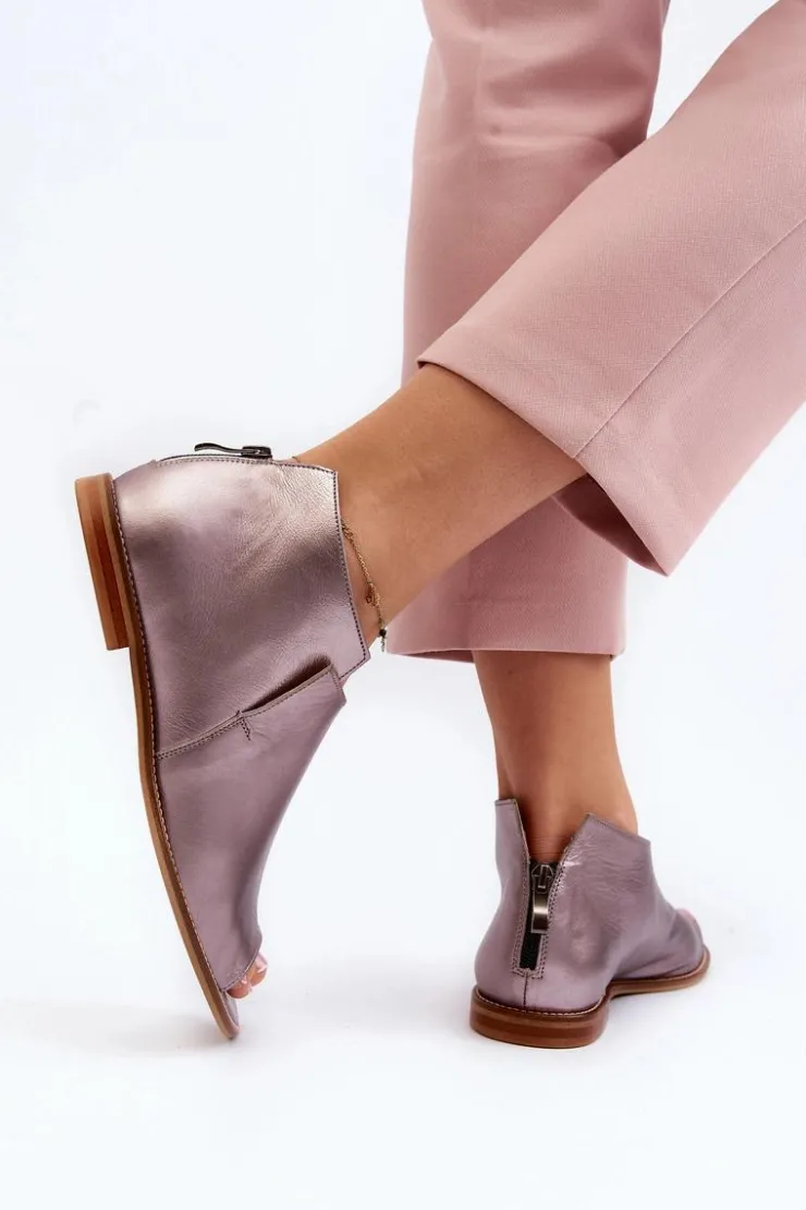 Best Laura Messi Damskie Skórzane Sandały 2443 Różowe Złoto