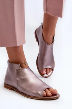 Best Laura Messi Damskie Skórzane Sandały 2443 Różowe Złoto