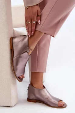 Best Laura Messi Damskie Skórzane Sandały 2443 Różowe Złoto