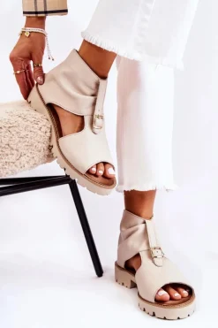 Boto Sandały Płaskie*Damskie Skórzane Sandały Na Suwak Nicole 2748 Beżowe