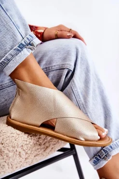 Damskie buty S.Barski Sandały Płaskie*Damskie Skórzane Sandały Na Szeroką Stopę Złote Catalise