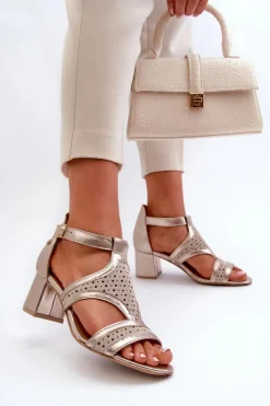 Damskie Maciejka Damskie Skórzane Sandały Na Słupku 06459-25 Beżowo-Złote