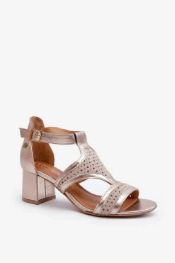 Damskie Maciejka Damskie Skórzane Sandały Na Słupku 06459-25 Beżowo-Złote