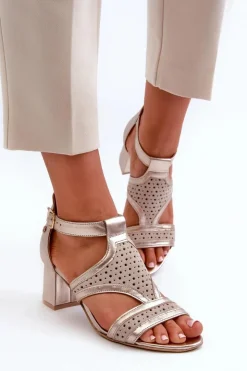 Damskie Maciejka Damskie Skórzane Sandały Na Słupku 06459-25 Beżowo-Złote