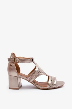 Damskie Maciejka Damskie Skórzane Sandały Na Słupku 06459-25 Beżowo-Złote