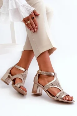 Damskie Maciejka Damskie Skórzane Sandały Na Słupku 06459-25 Beżowo-Złote