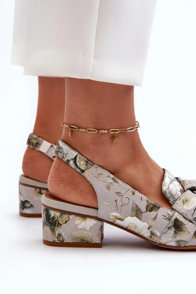 New Maciejka Damskie Skórzane Sandały Na Niskim Obcasie W Kwiaty N6539-38 Zielone