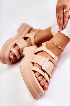 Boto Damskie Skórzane Sandały Na Platformie Ciemnobeżowe Corene