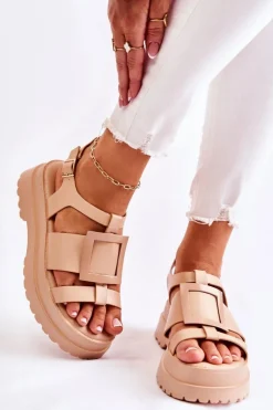 Boto Damskie Skórzane Sandały Na Platformie Ciemnobeżowe Corene