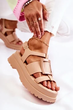 Boto Damskie Skórzane Sandały Na Platformie Ciemnobeżowe Corene