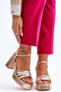 Boto Sandały Na Obcasie*Damskie Skórzane Sandały Na Obcasie I Platformie Złote Verda