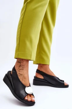 Buty damskie Vinceza Sandały Na Koturnie*Damskie Skórzane Sandały Na Koturnie Czarne Justice