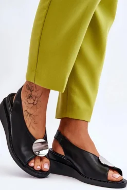 Buty damskie Vinceza Sandały Na Koturnie*Damskie Skórzane Sandały Na Koturnie Czarne Justice