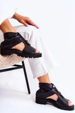 Damskie Boto Damskie Skórzane Sandały Na Suwak Nicole 2748 Czarne