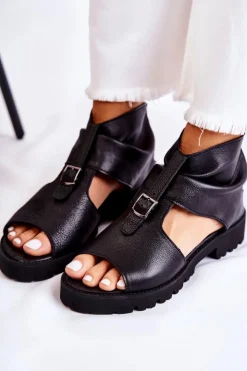 Damskie Boto Damskie Skórzane Sandały Na Suwak Nicole 2748 Czarne