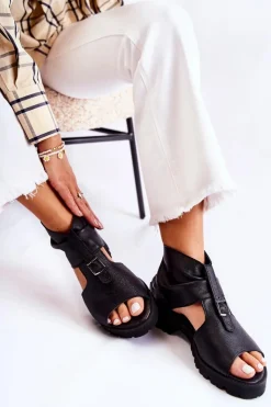 Damskie Boto Damskie Skórzane Sandały Na Suwak Nicole 2748 Czarne