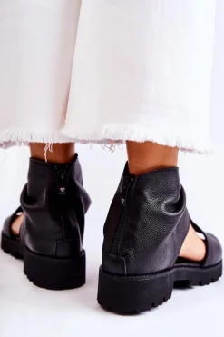 Damskie Boto Damskie Skórzane Sandały Na Suwak Nicole 2748 Czarne