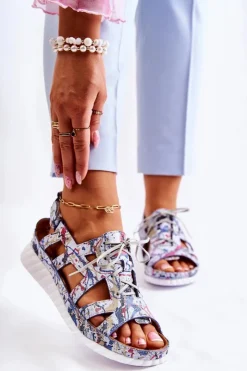 Damskie Maciejka Damskie Skórzane Sandały Na Rzep 05375-06 Niebieskie