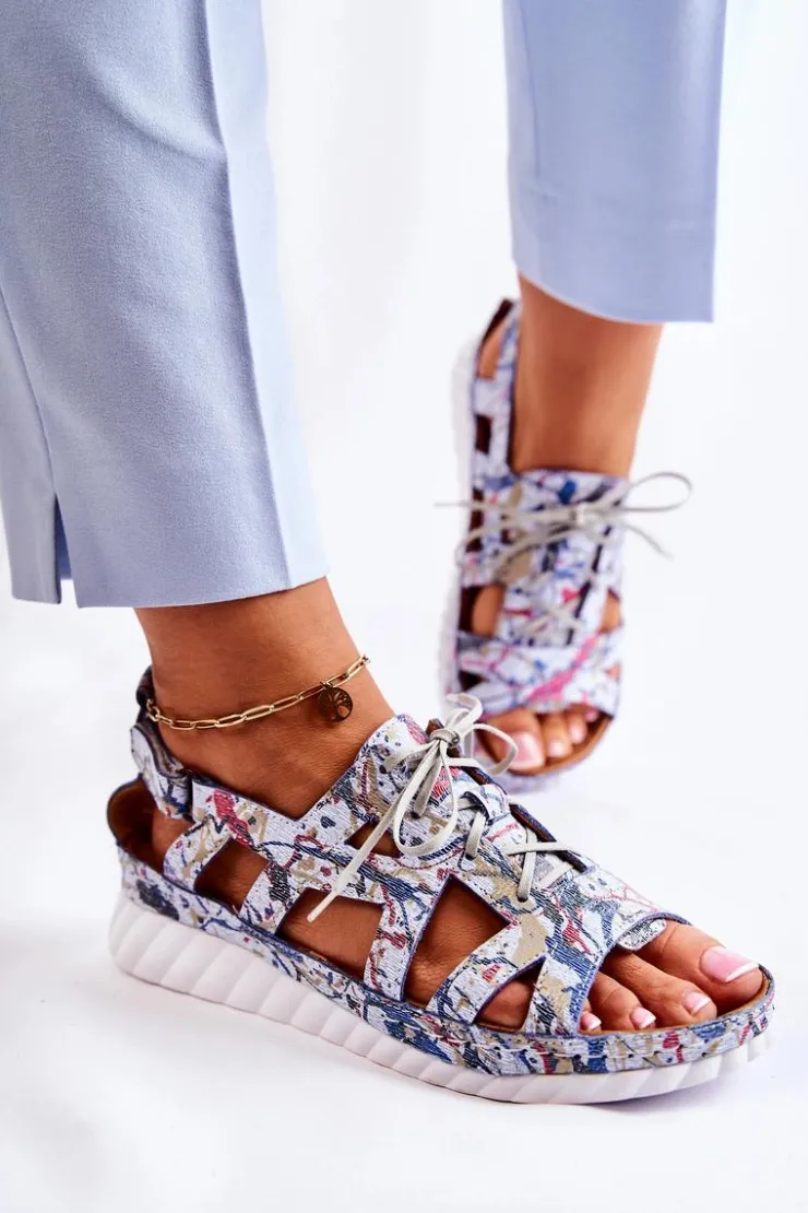 Damskie Maciejka Damskie Skórzane Sandały Na Rzep 05375-06 Niebieskie