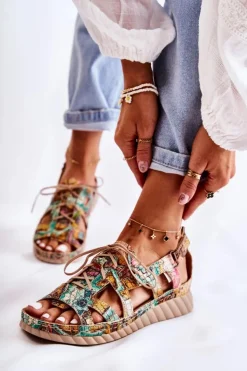 Maciejka Sandały Płaskie*Damskie Skórzane Sandały Na Rzep 05375-09 Zielone