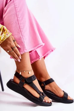 Discount Evento Damskie Skórzane Sandały Na Rzep Czarne Clarisse