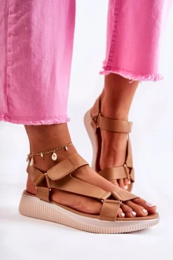 Evento Sandały Płaskie*Damskie Skórzane Sandały Na Rzep Camel Clarisse