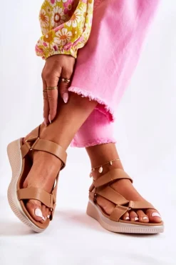 Evento Sandały Płaskie*Damskie Skórzane Sandały Na Rzep Camel Clarisse