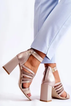 Damskie Maciejka Damskie Skórzane Sandały Na Masywnym Słupku 05514-04 Beżowo-Złote