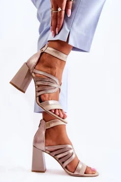 Damskie Maciejka Damskie Skórzane Sandały Na Masywnym Słupku 05514-04 Beżowo-Złote