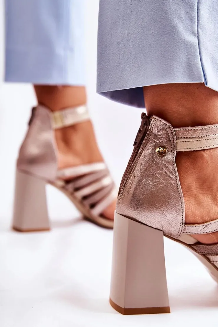 Damskie Maciejka Damskie Skórzane Sandały Na Masywnym Słupku 05514-04 Beżowo-Złote