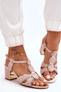 Evento Sandały Na Obcasie*Damskie Skórzane Sandały Na Niskim Słupku Różowe Riley
