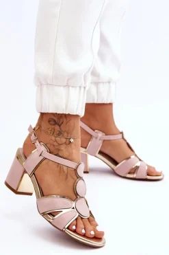 Evento Sandały Na Obcasie*Damskie Skórzane Sandały Na Niskim Słupku Różowe Riley