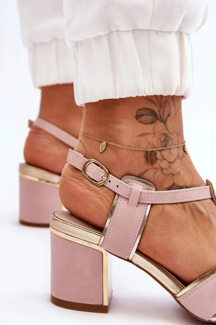 Evento Sandały Na Obcasie*Damskie Skórzane Sandały Na Niskim Słupku Różowe Riley