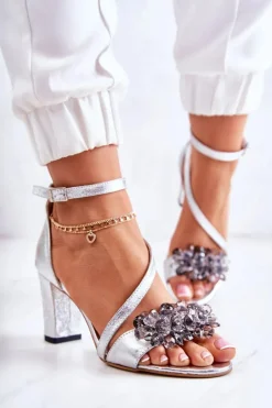 Online Boto Damskie Skórzane Sandały Na Obcasie Srebrne Torine