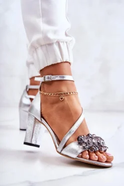 Online Boto Damskie Skórzane Sandały Na Obcasie Srebrne Torine