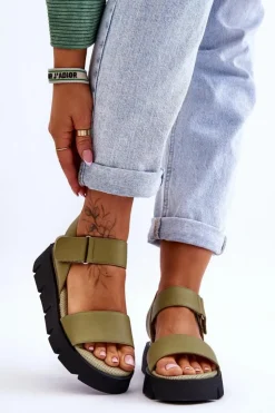 Buty damskie Vinceza Sandały Na Koturnie*Damskie Skórzane Sandały Na Platformie Zielone Katte