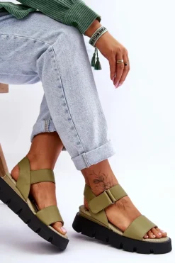 Buty damskie Vinceza Sandały Na Koturnie*Damskie Skórzane Sandały Na Platformie Zielone Katte