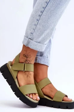 Buty damskie Vinceza Sandały Na Koturnie*Damskie Skórzane Sandały Na Platformie Zielone Katte