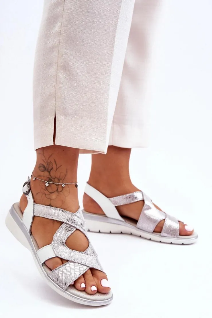 Damskie Damskie buty S.Barski Damskie Skórzane Sandały S.Barski 97619 Srebrne