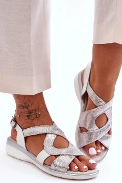 Damskie Damskie buty S.Barski Damskie Skórzane Sandały S.Barski 97619 Srebrne