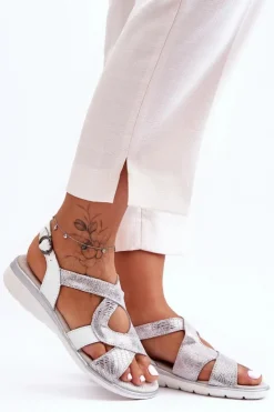 Damskie Damskie buty S.Barski Damskie Skórzane Sandały S.Barski 97619 Srebrne