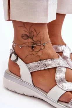 Damskie Damskie buty S.Barski Damskie Skórzane Sandały S.Barski 97619 Srebrne