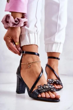 Boto Sandały Na Obcasie*Damskie Skórzane Sandały Z Kryształami Czarne Ramona