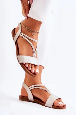 Damskie buty S.Barski Sandały Płaskie*Damskie Skórzane Sandały Z Cyrkoniami Złote Melly