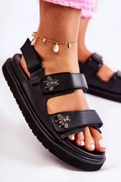 Clearance Damskie buty S.Barski Damskie Skórzane Sandały Z Ozdobą Czarne Elly