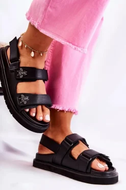 Clearance Damskie buty S.Barski Damskie Skórzane Sandały Z Ozdobą Czarne Elly