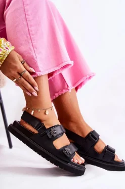 Clearance Damskie buty S.Barski Damskie Skórzane Sandały Z Ozdobą Czarne Elly