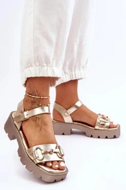 Boto Sandały Płaskie*Damskie Skórzane Sandały Z Ozdobą Złote Emori